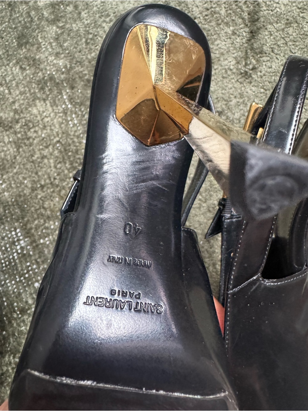 Saint Laurent Black Patent Slingback Pumps with Gold-Tone Heel - Picture 6 of 6